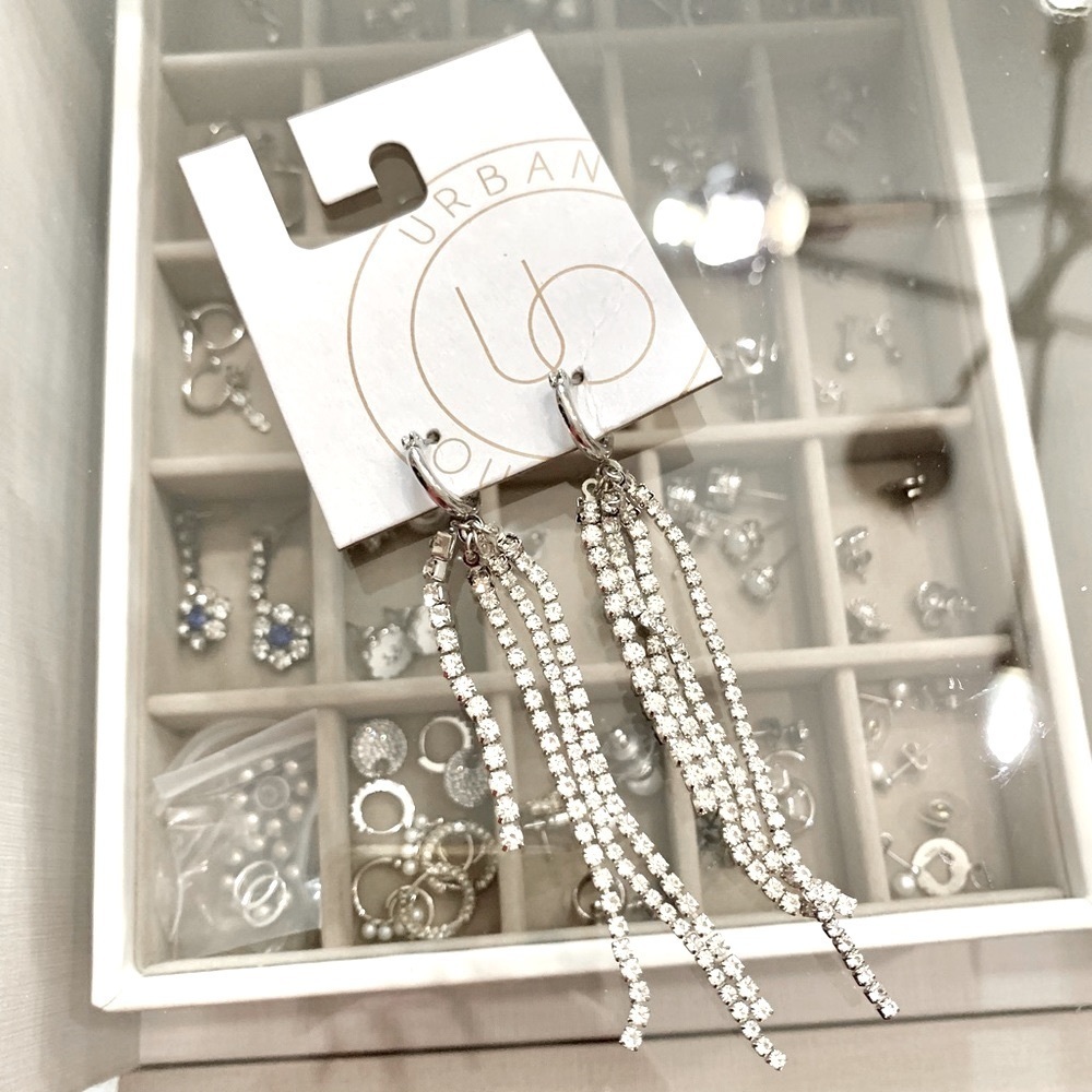 Silver Mini Hoop Rhinestone Cluster Chain Dangling Earrings